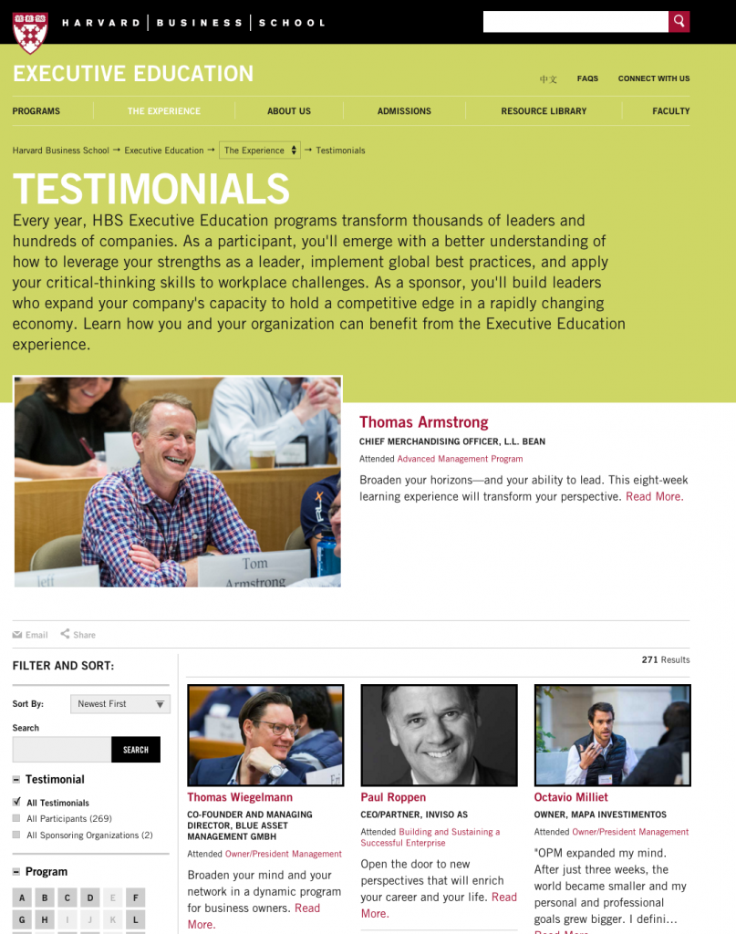 Harvard Business School Testimonial Examples