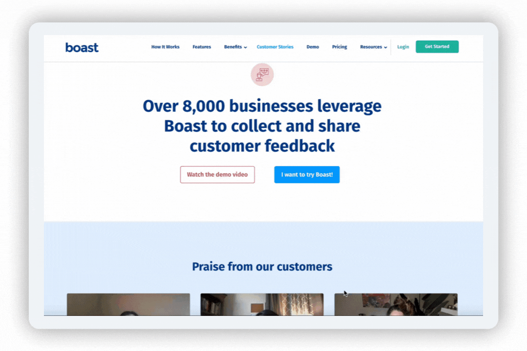A look at Boast's Testimonial Webpage
